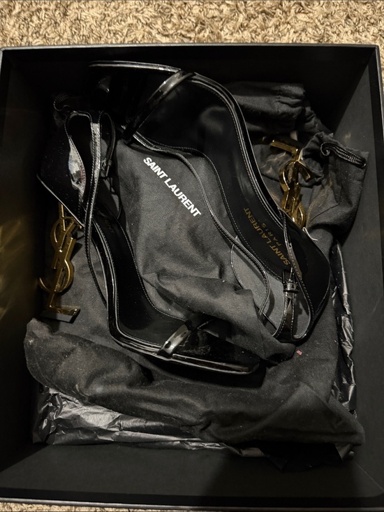 Saint Laurent Shoes - Saint Laurent Black Patent Leather Heels with Gold YSL Logo Heel
